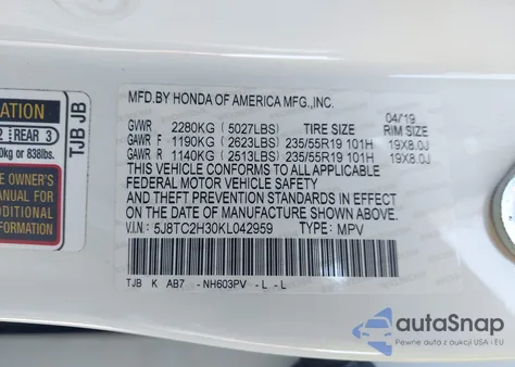 2019 Acura Rdx Standard z USA, uszkodzony, nr VIN 5J8TC2H30KL042959